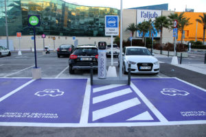 Fotografía de los puntos de recarga en el parking del centro comercial, pintados de color azul y señalizados para vehículos eléctricos
